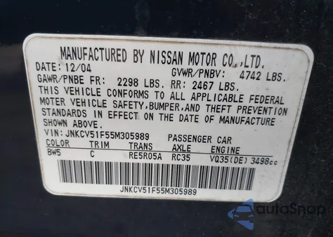 2005 Infiniti G35X z USA, uszkodzony, nr VIN JNKCV51F55M305989